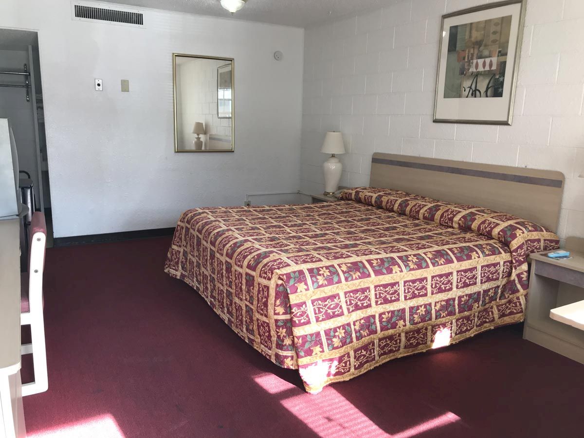 A hotel room with a large bed, colorful bedspread, lamp, nightstand, mirror, artwork on the wall, and chair. The room has carpeted floors.