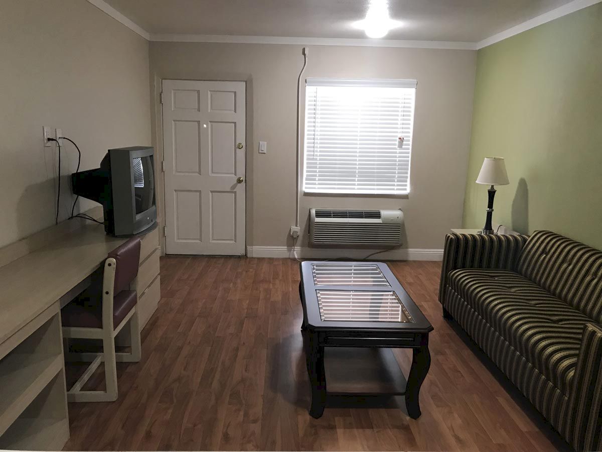 A living room with a TV on a desk, a small table, striped couch, lamp, chair, window, and door, all with wooden flooring and green wall.