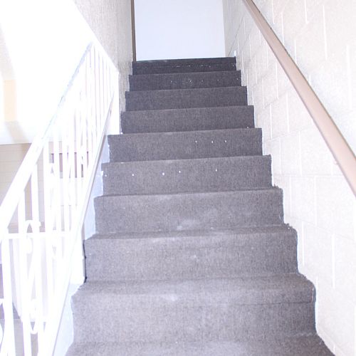 A carpeted staircase with a handrail on one side leading up to a closed door at the top, set against white walls.