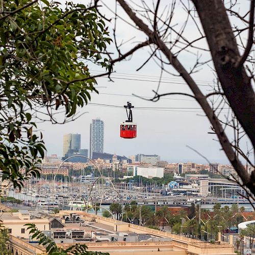 A red cable car is suspended above a cityscape with a marina and high-rise buildings, framed by tree branches in the foreground.